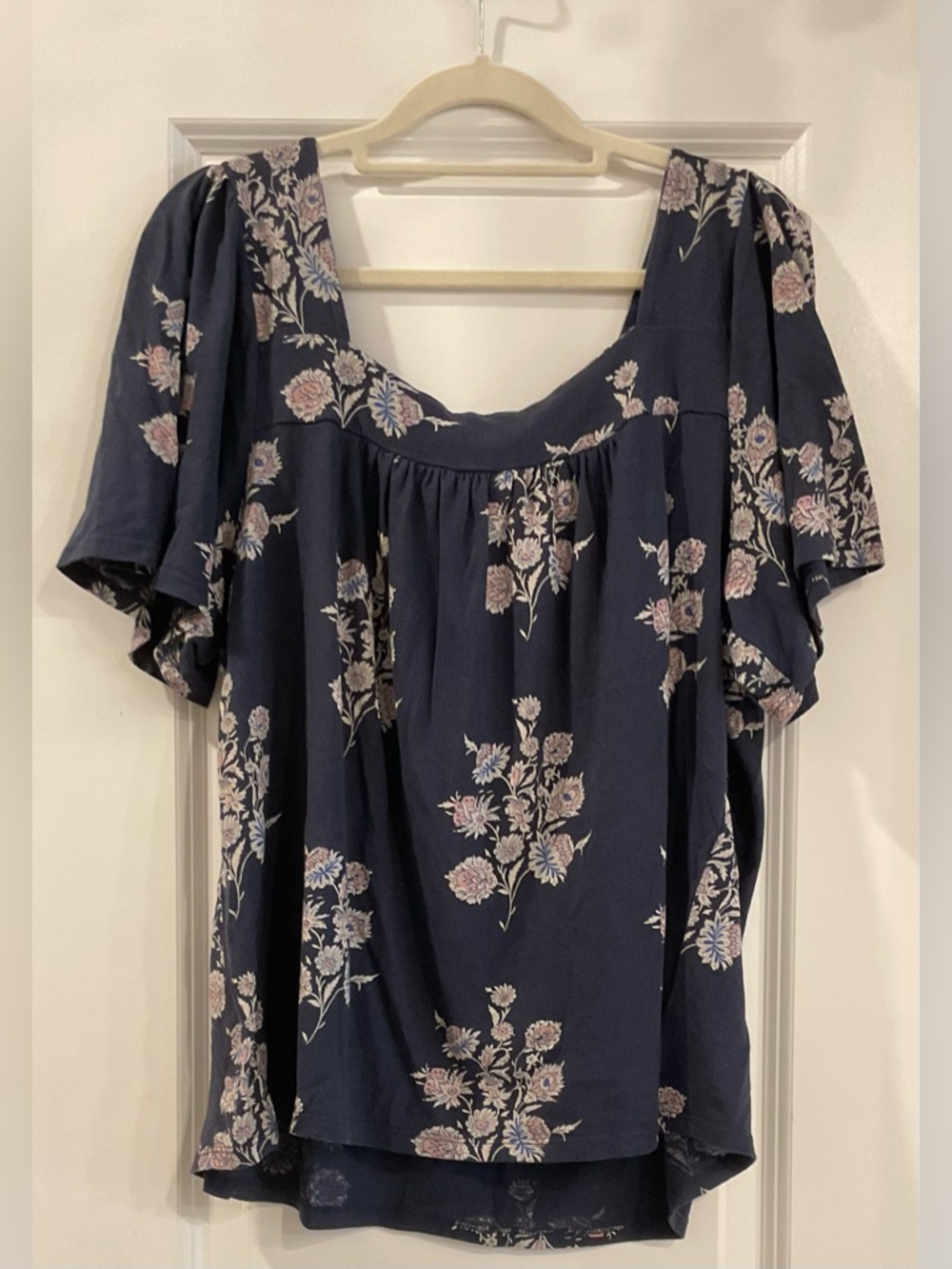 Lucky Brand Dark Blue Floral Boho Square Neck Flutter Top